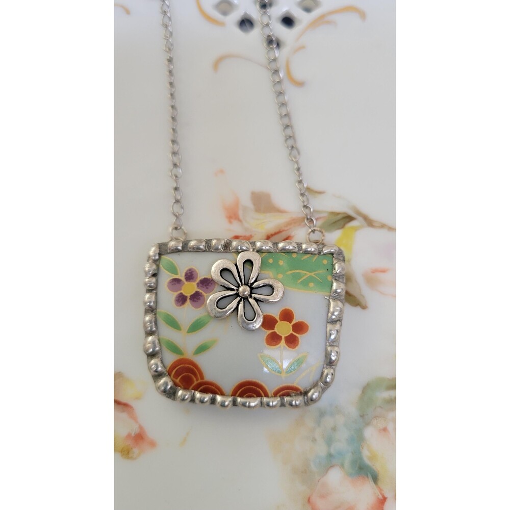 Vintage Broken China Pendant Necklace Silver Beaded Solder Floral Charm Jewelry
